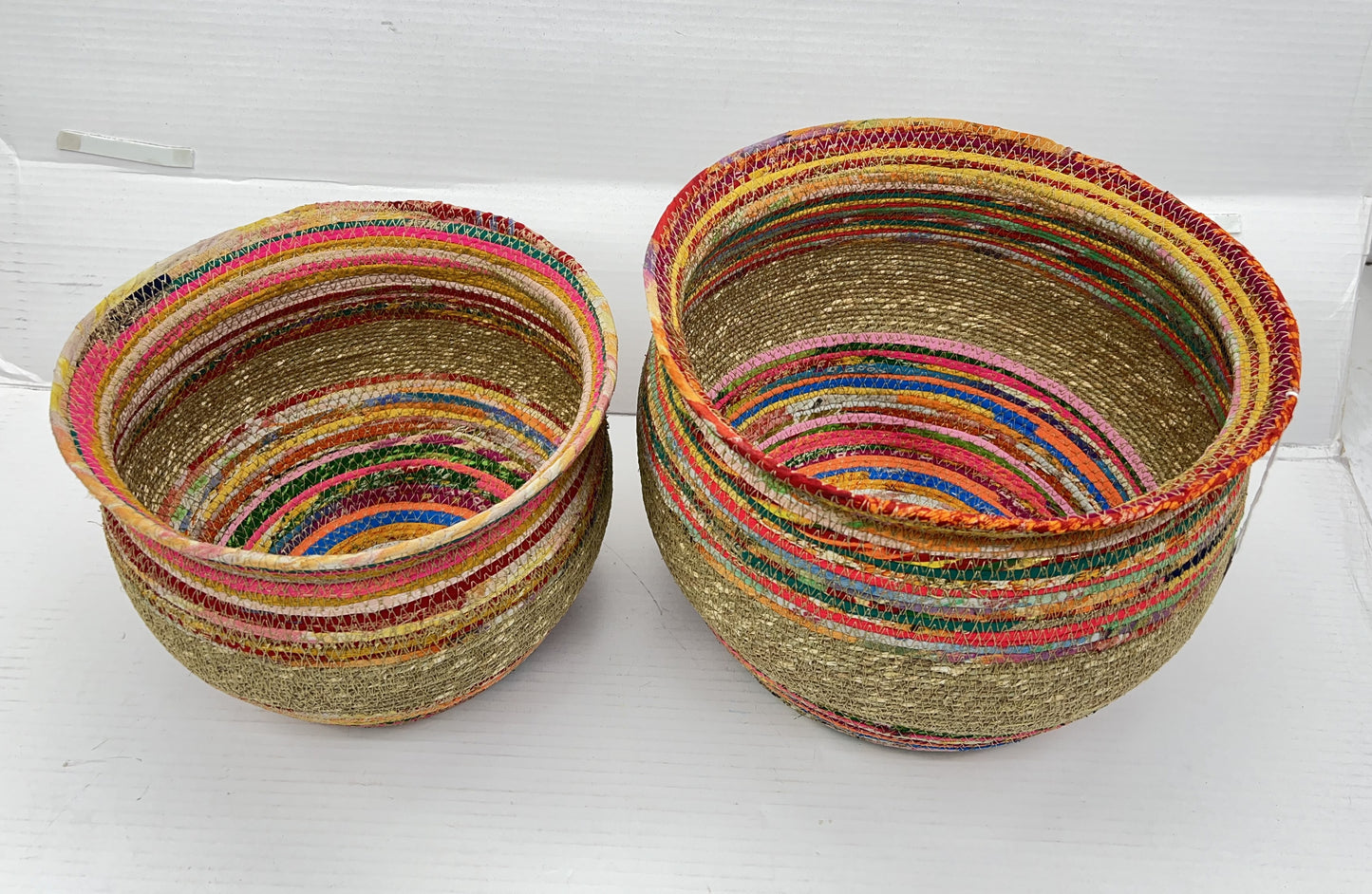 Eclectic Recycled Sari & Jute Flared Baskets – Set of 2