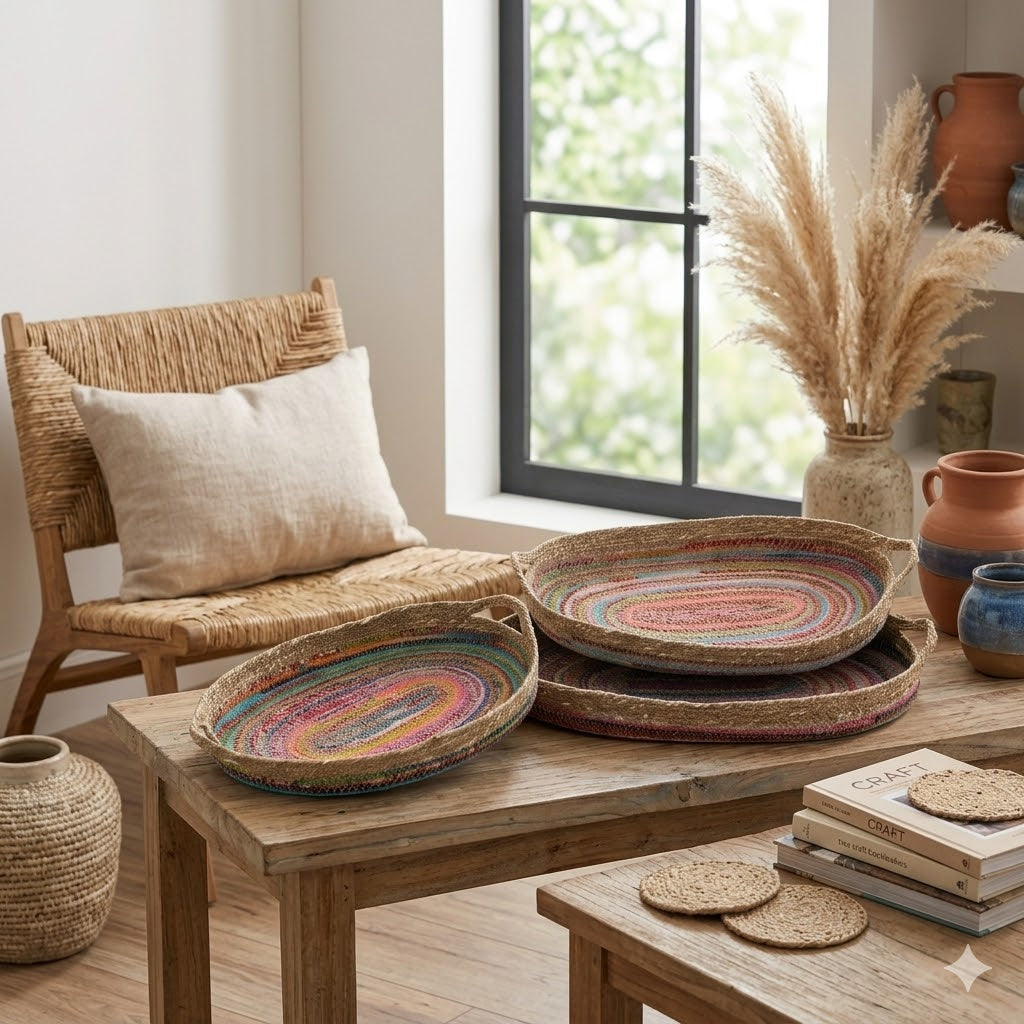 Eclectic Recycled Sari & Jute Oval Trays – Set of 3