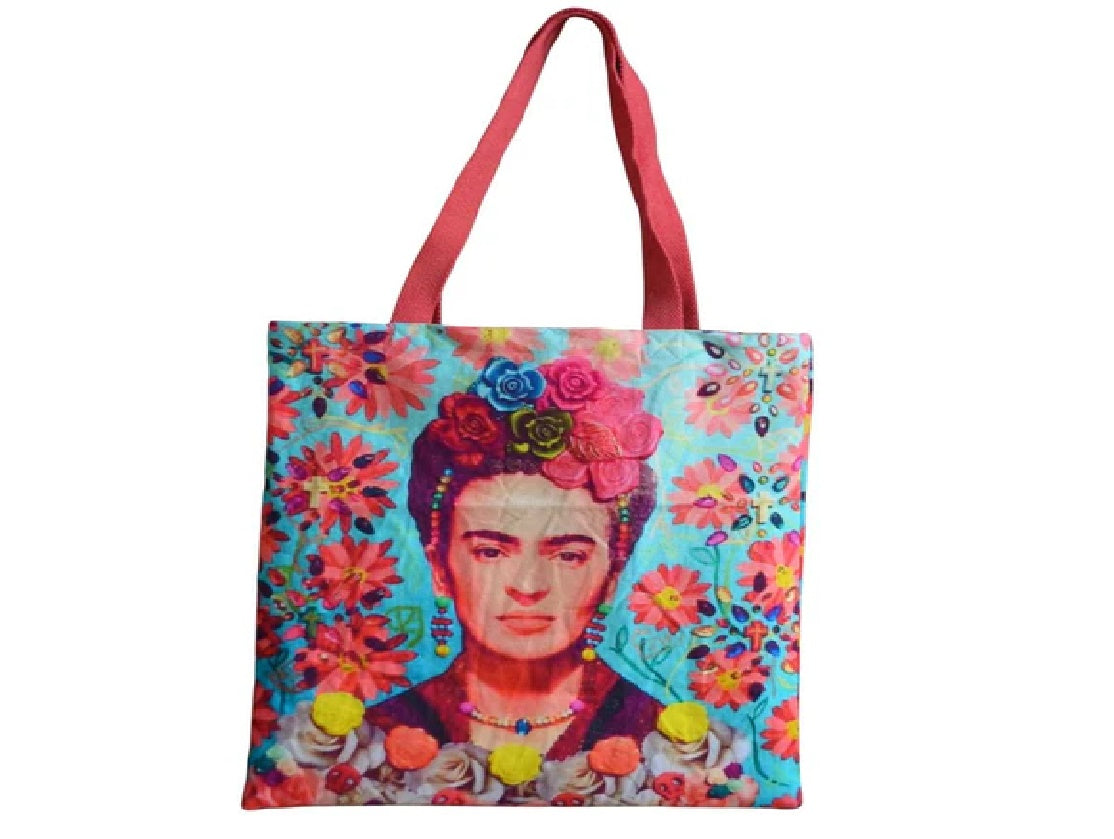 Sky Blue and Floral Frida Canvas Bag