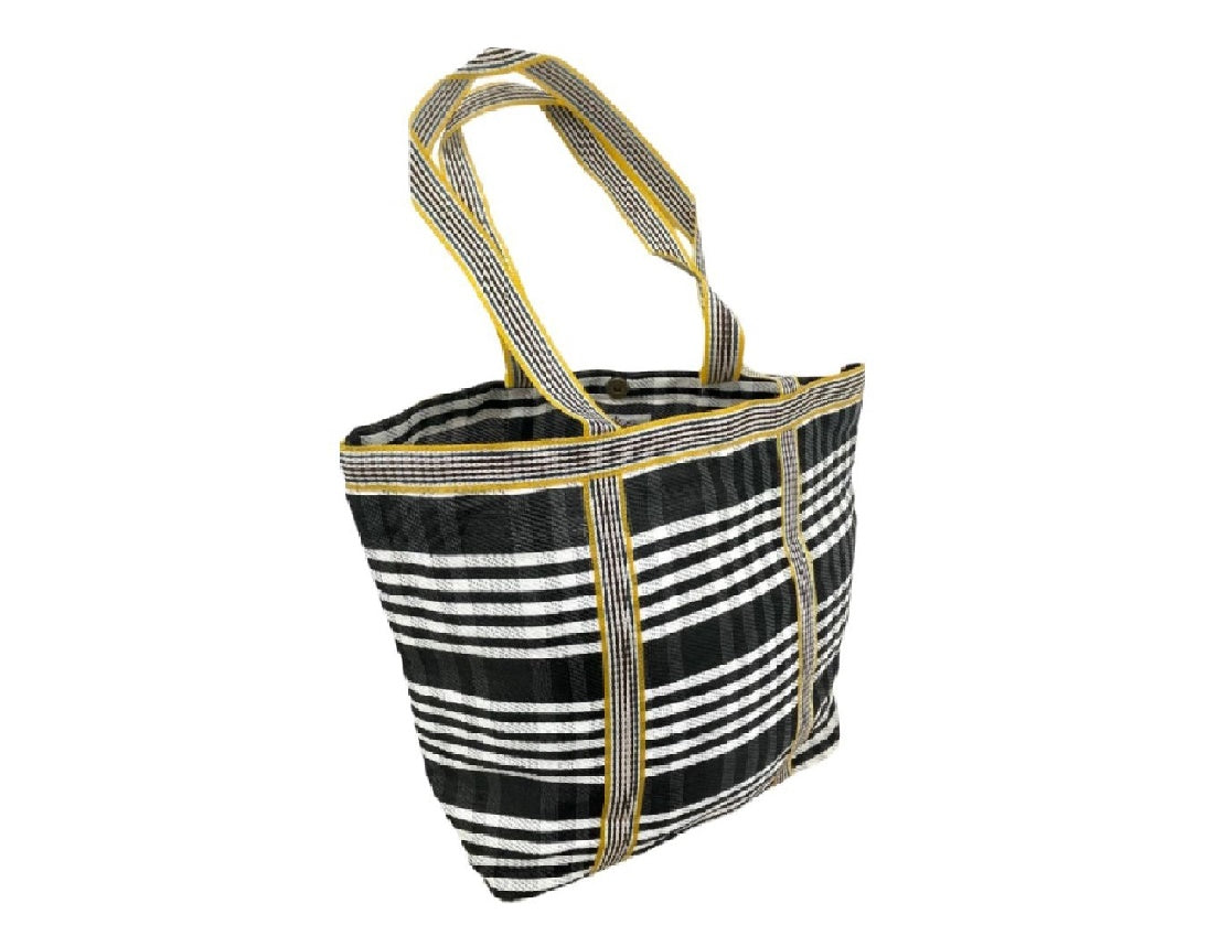 Black Striped Recycled Plastic Shopping Tote with Bottom