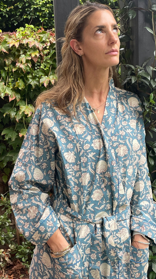 Quality Cotton Kimono in Blue Steel Block Print