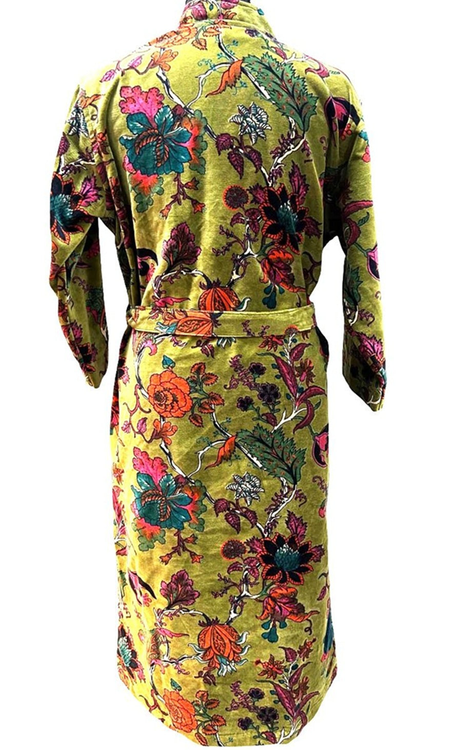 Exquisite Olive Floral Velvet Kimono Robe