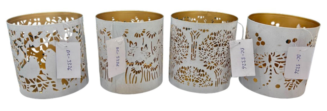 Set of 4 Cutout Design White Candle Holders with Gold Lining