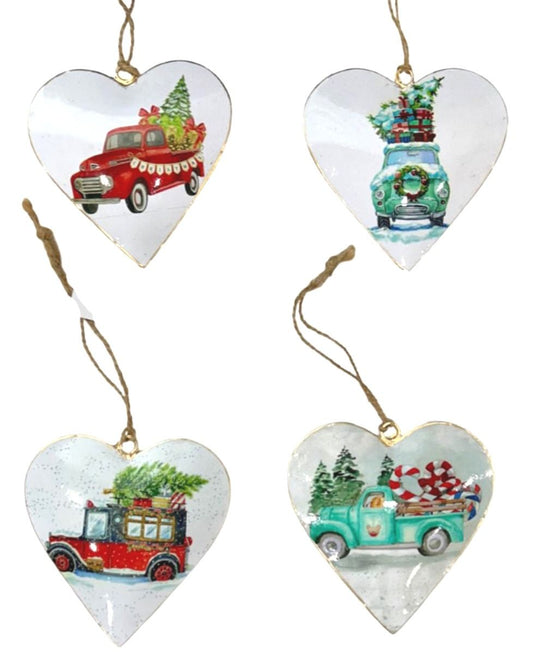 Set of 4 Hanging Hearts with Christmas Truck Design