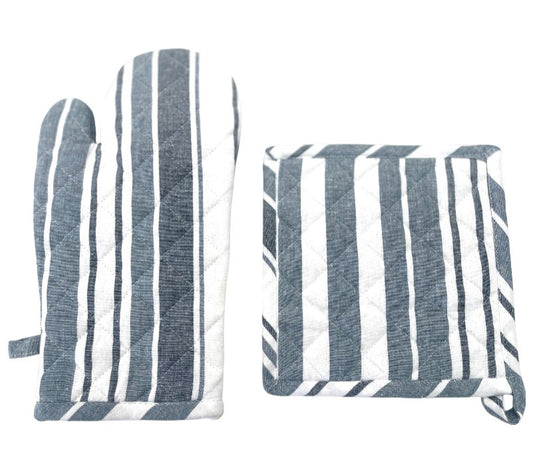 Blue Grey white Stripe Pot Holder & Mitt Set