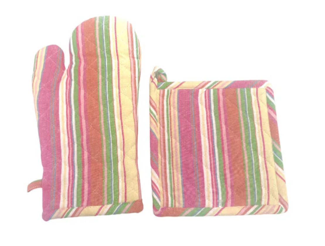 Lilac & Lime Stripe Oven Mitt & Pot Holder Set