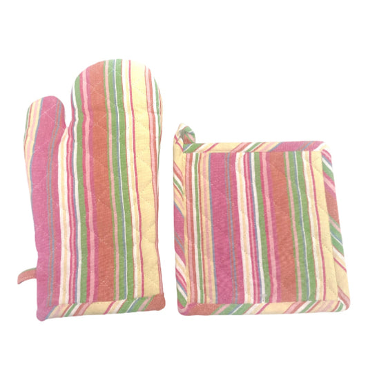 Lilac & Lime Stripe Oven Mitt & Pot Holder Set