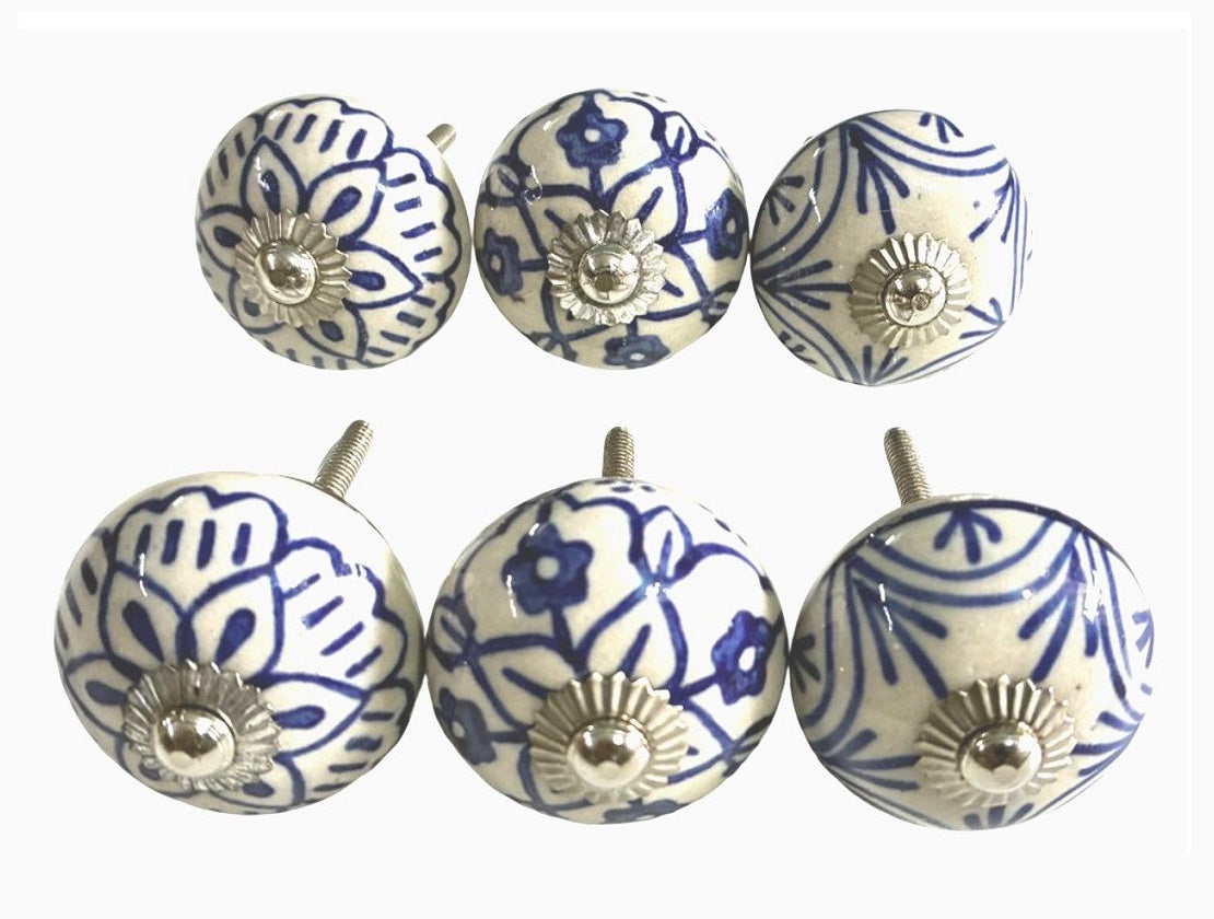 Set of 6 Matching Blue & White Knobs
