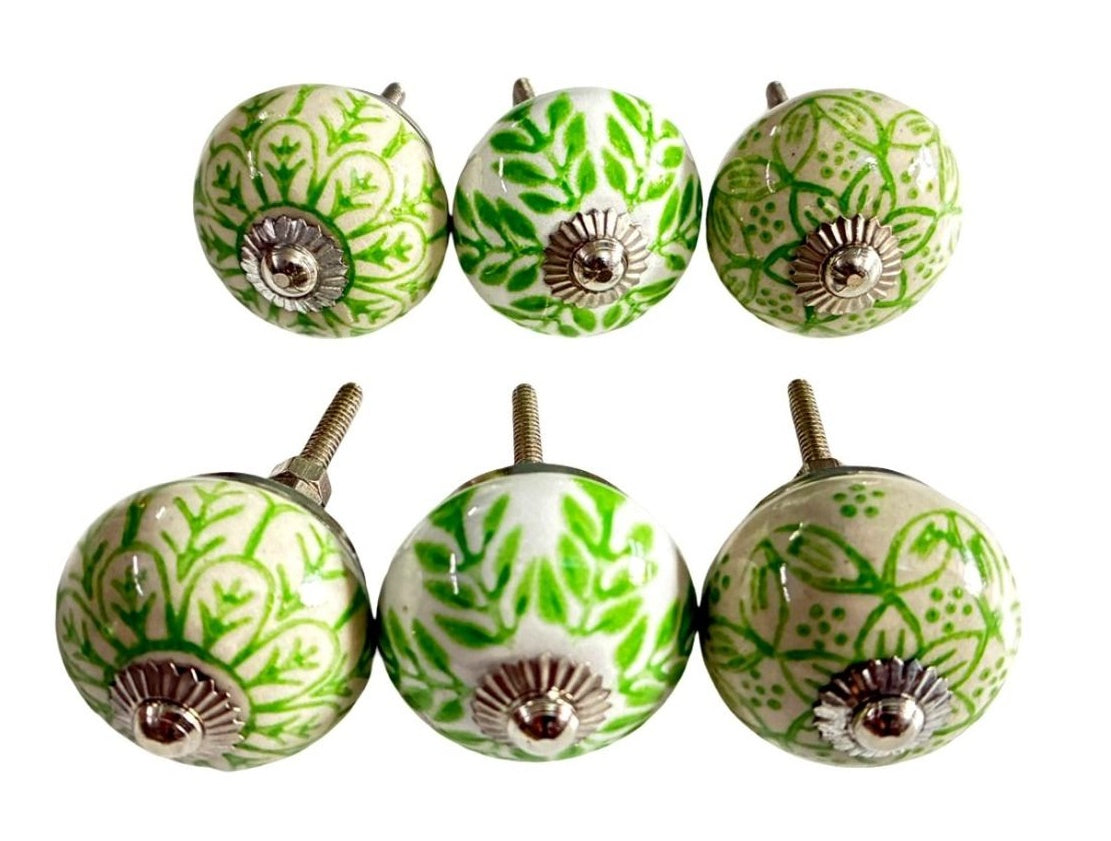 Set of 6 Matching Green & White Knobs