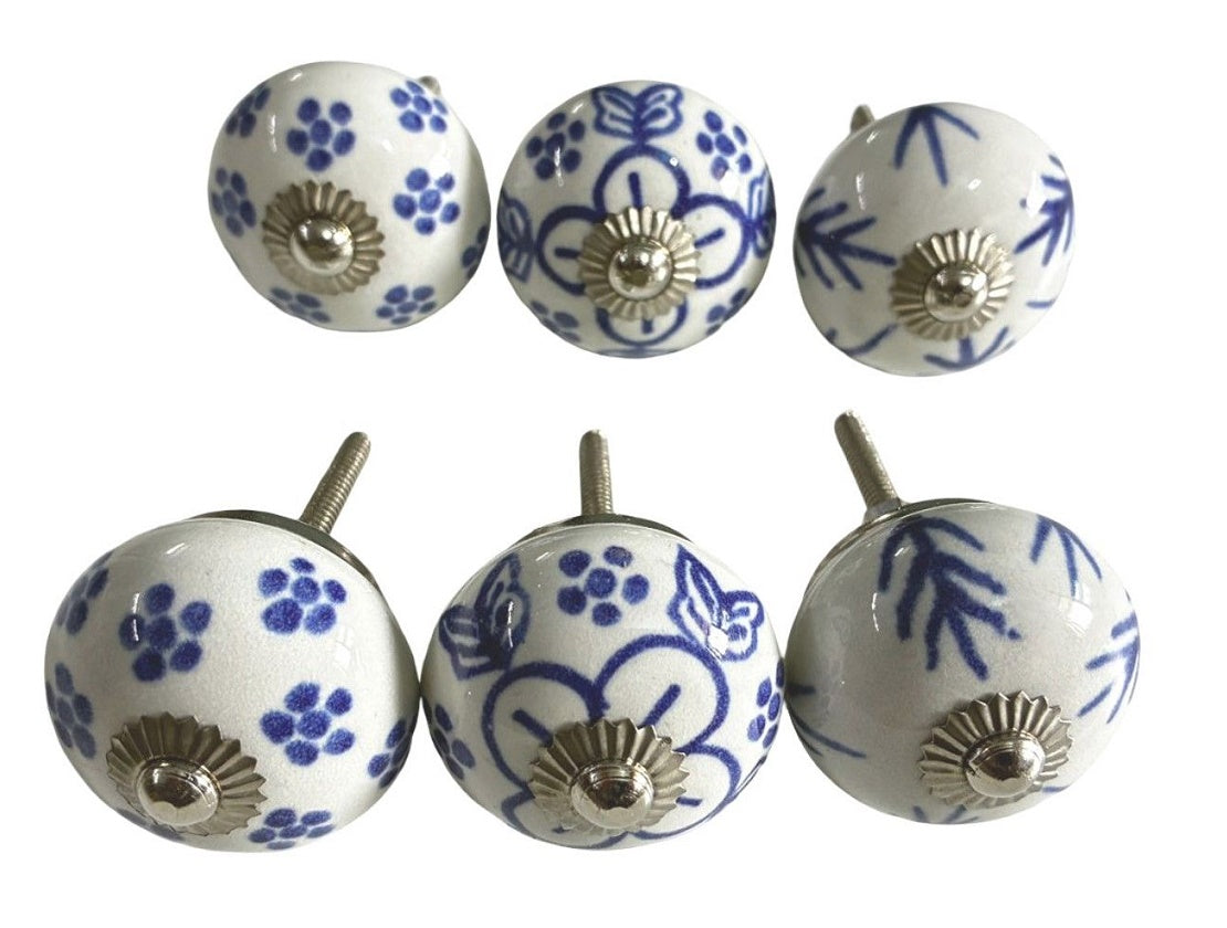 Set of 6 Blue & White Retro Knobs