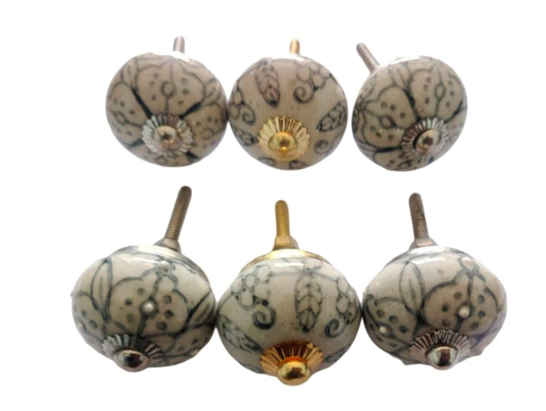 Set of 6 Pale Grey & White Round Knobs