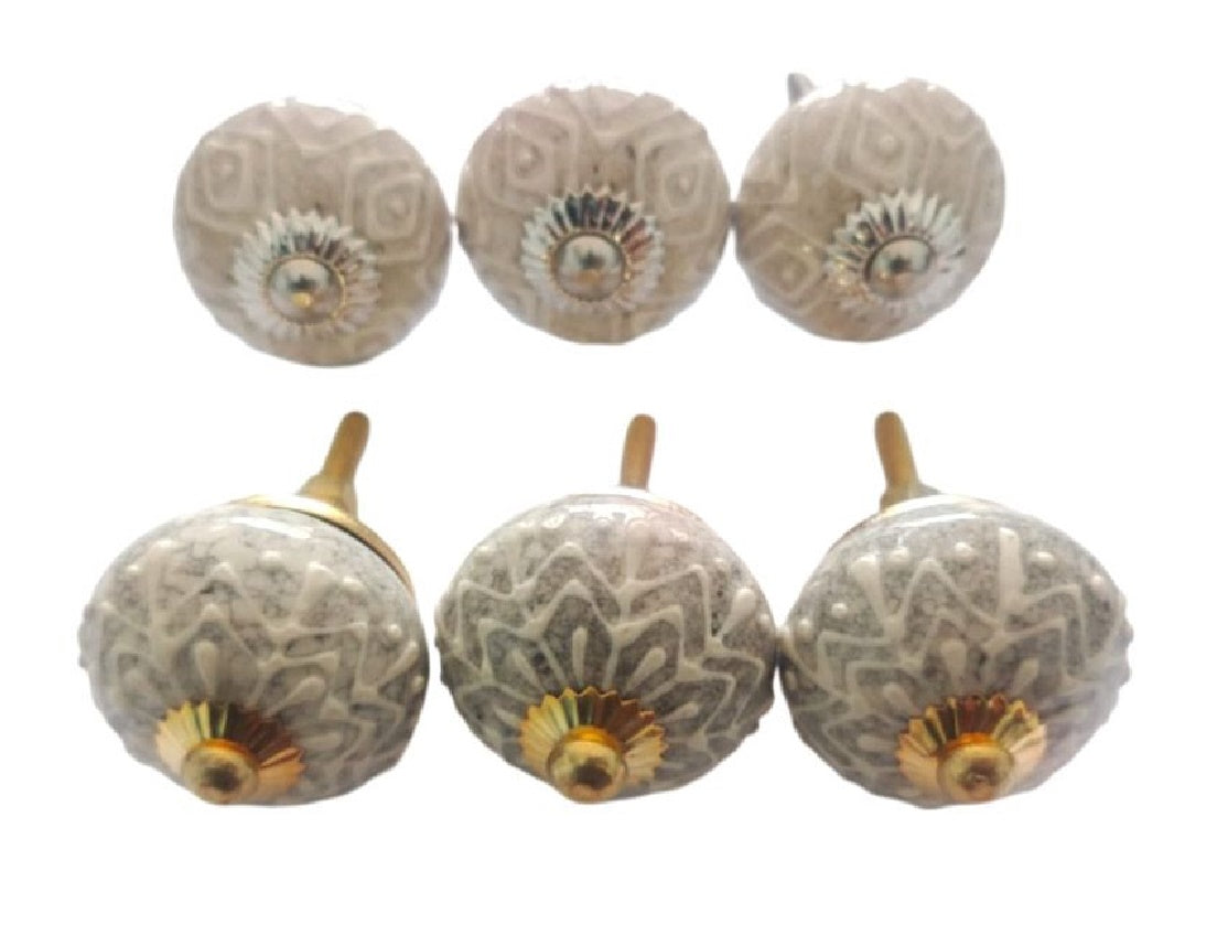 Set of 6 Grey & Beige Round Knobs