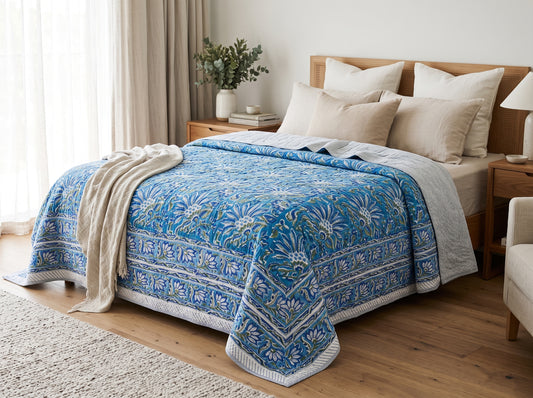 Indigo Bloom Cotton Quilt