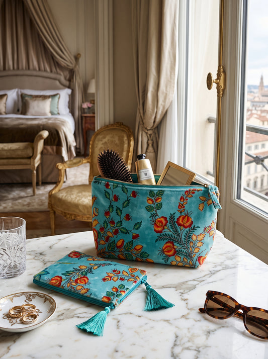 Velvet Chintz Pouch Duo in Turquoise