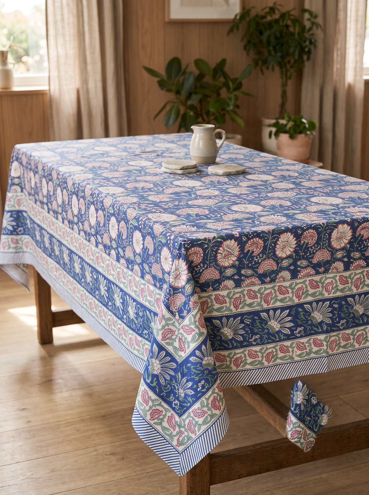 Berry Carnation and Prussian Block Printed Large Tablecloth