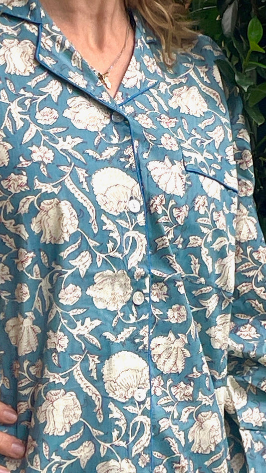 Quality Cotton Pyjamas in Blue Steel Block Print