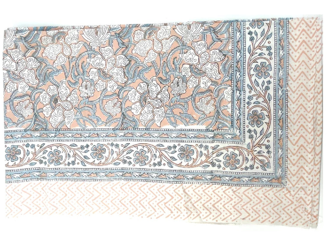 Light Salmon & Grey Floral Block Print Small Tablecloth