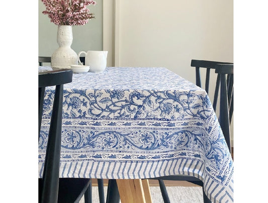 Multi-tone Blue & White Floral Block Print Large Tablecloth