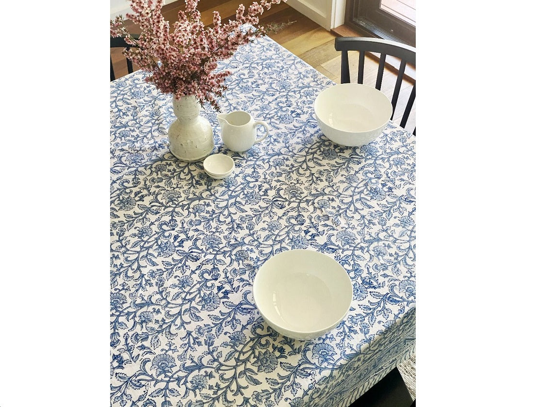 Multi-tone Blue & White Floral Block Print Small Tablecloth