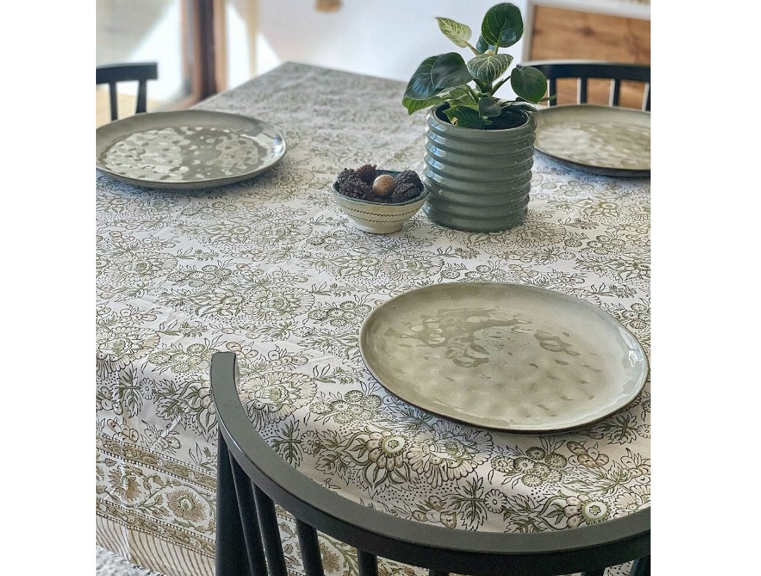 Sand & Olive Block Print Small Tablecloth