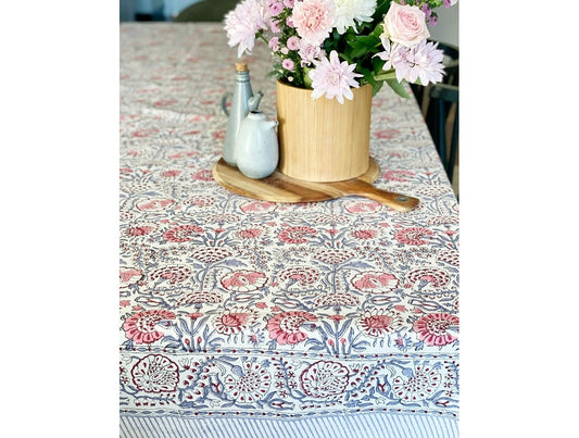 Charcoal & Blush Floral Block Print Large Tablecloth