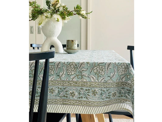 Sage Floral Block Print Large Tablecloth