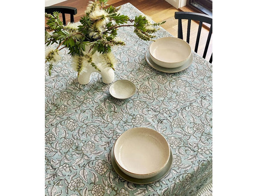 Sage Floral Block Print Small Tablecloth