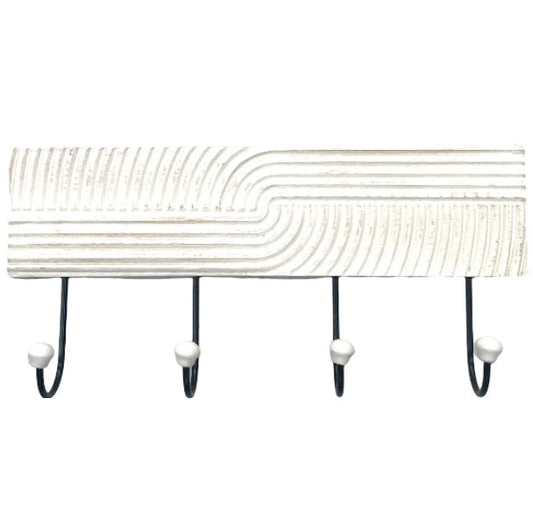 Natural Wooden 4 Wall Hook with Hand Carved Line Design