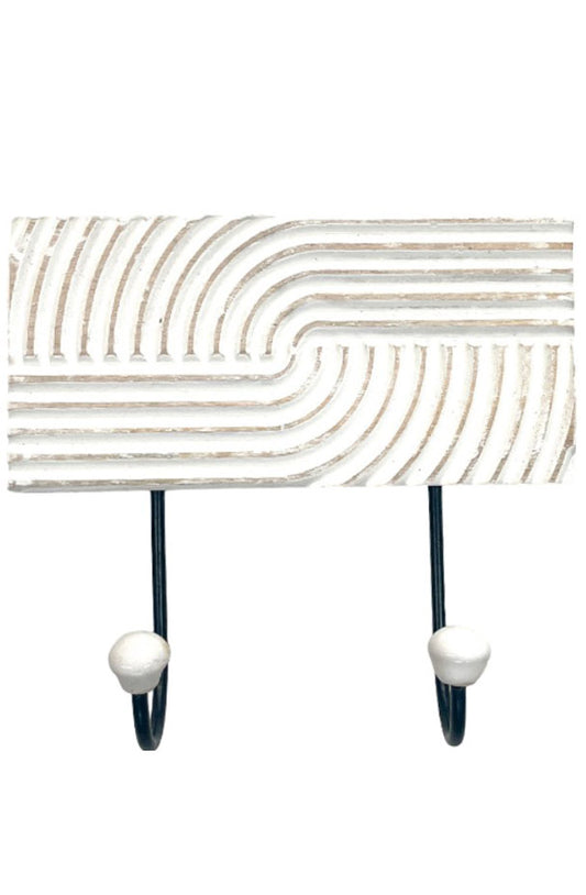 Wooden Double Wall Hook with Hand Carved Lines