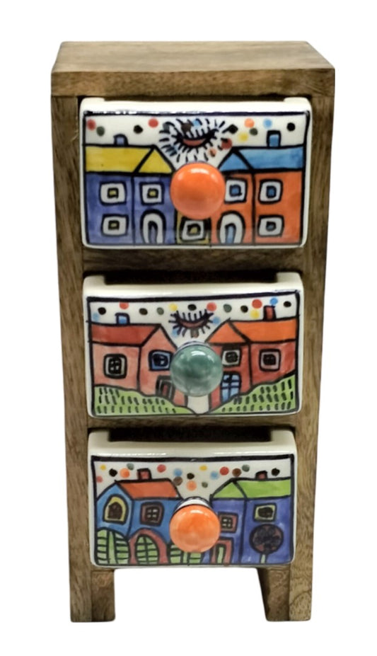 Wooden Three Ceramic Drawer Mini Chest with House Design