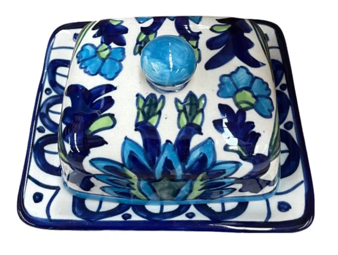 Blue & Green Floral Ceramic Butter Dish