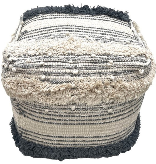Smokey Blue & Cream Hand Woven Pouf