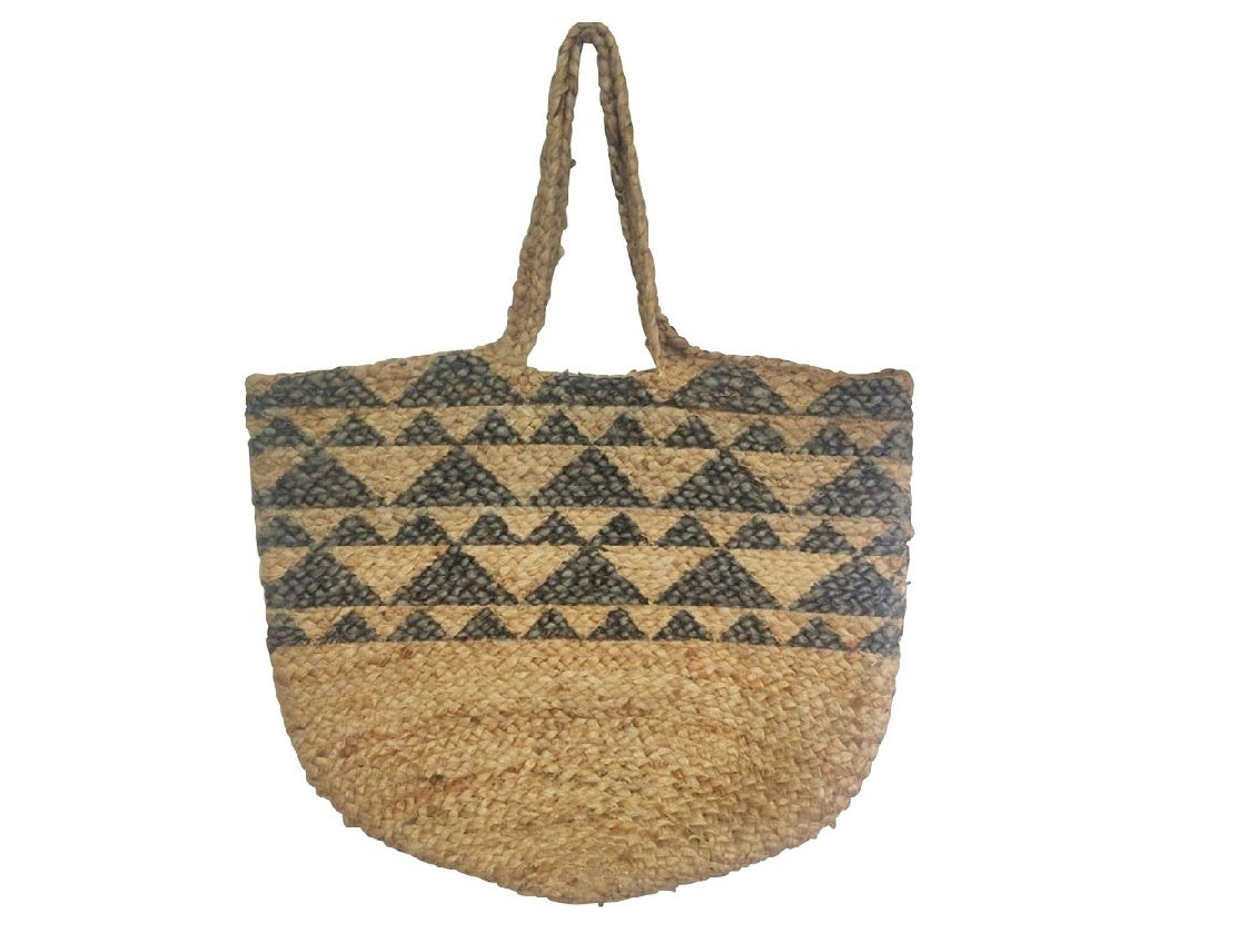 Jute Carry Bag with Grey Block Print Design