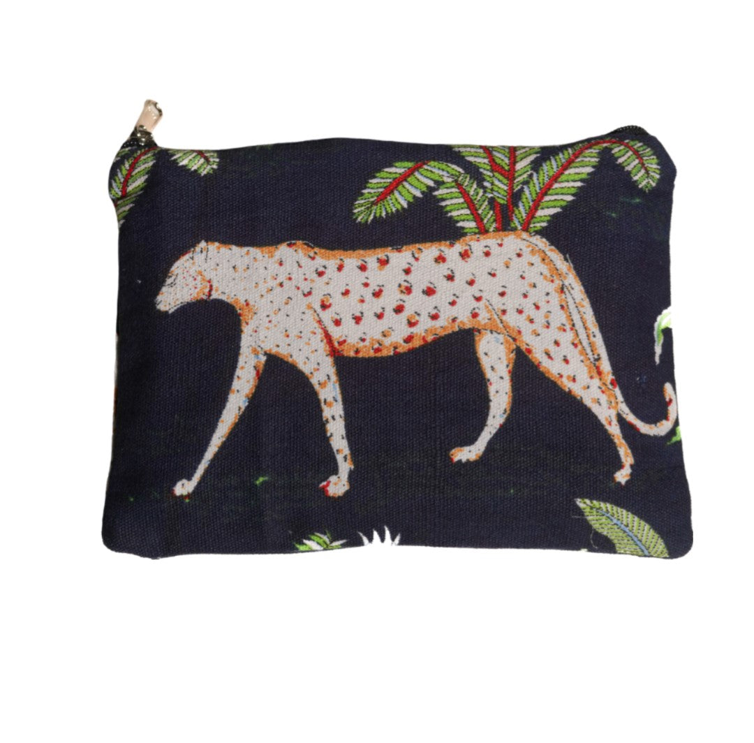 Cotton Cosmetic Pouch with Navy Blue Jungle Design