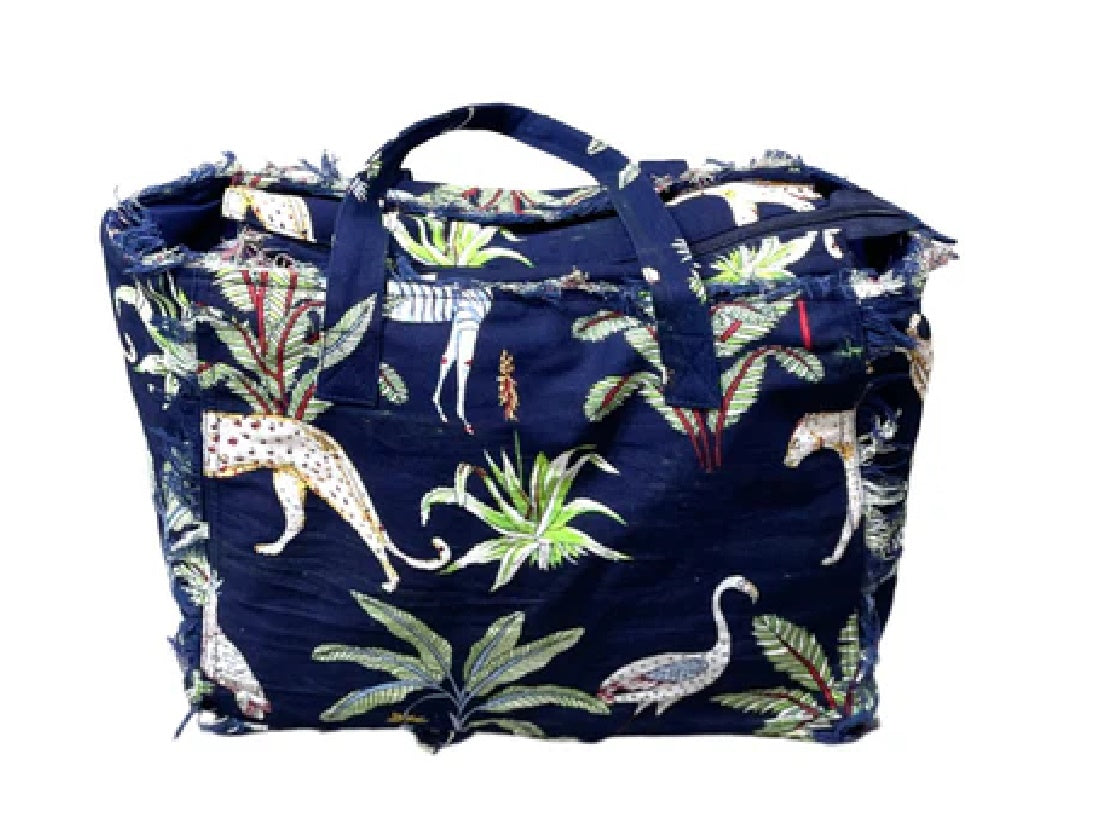 Cotton Jungle Print Tote Bag in Navy Blue