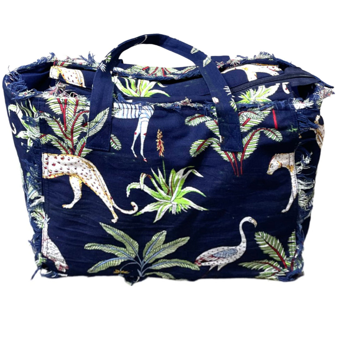 Cotton Jungle Print Tote Bag in Navy Blue