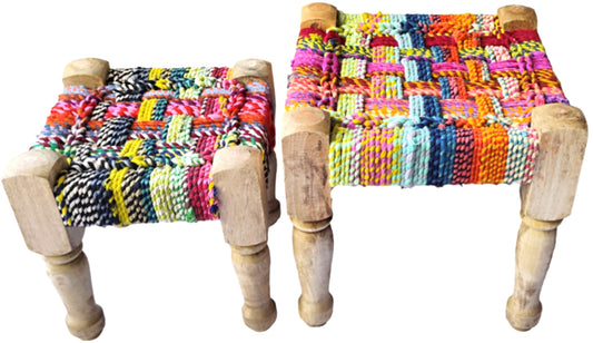 Woven Chindi Charpai Stool Set