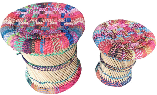Marais Woven Cane Mudda Stool Set in Chindi