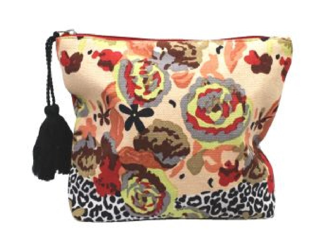 Cotton Cosmetic Pouch with Floral and Leopard Pattern