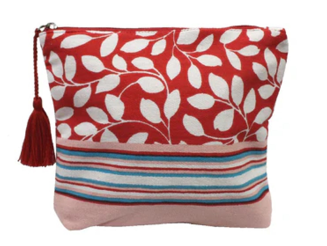 Cotton Cosmetic Pouch with Leaf and Stripe Pattern