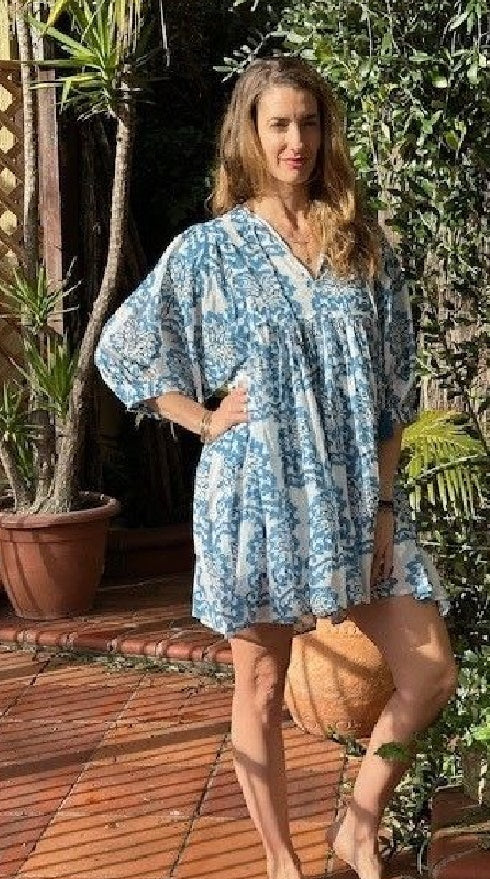 Cotton Voile Blue & White Block Print Mini Dress