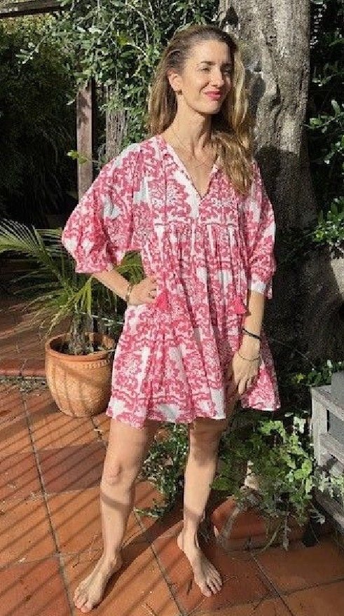 Cotton Voile Magenta & White Block Print Mini Dress