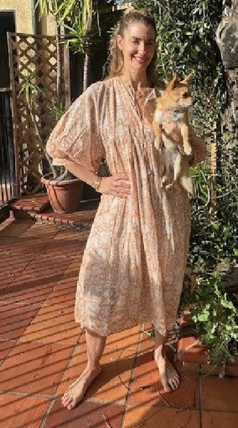 Cotton Voile Peach & White Block Print Midi Dress