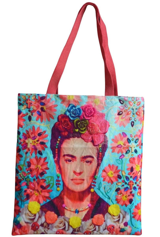 Sky Blue and Floral Frida Canvas Bag