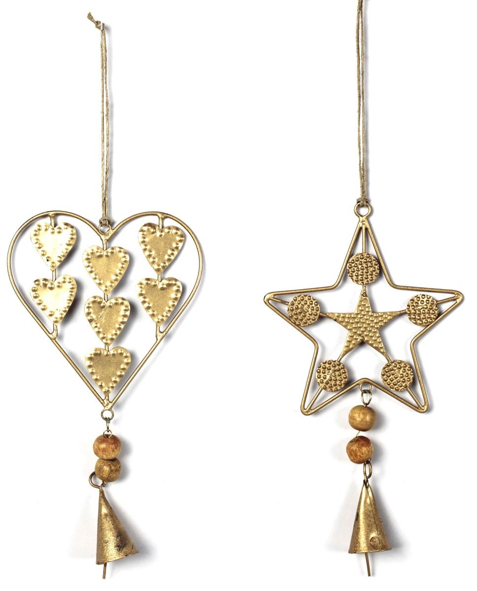 Set of 2 Beaded Brass Heart and Star Hangings