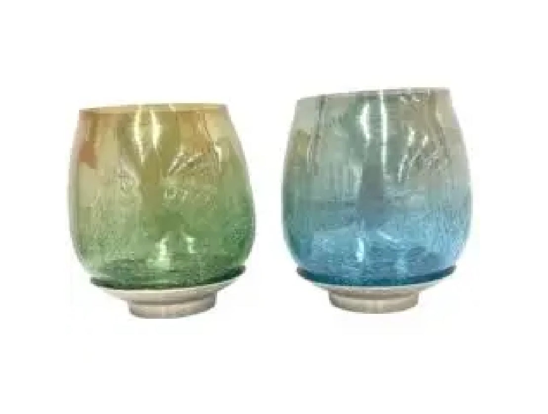 Set of 2 Glass Votives in Green & Blue