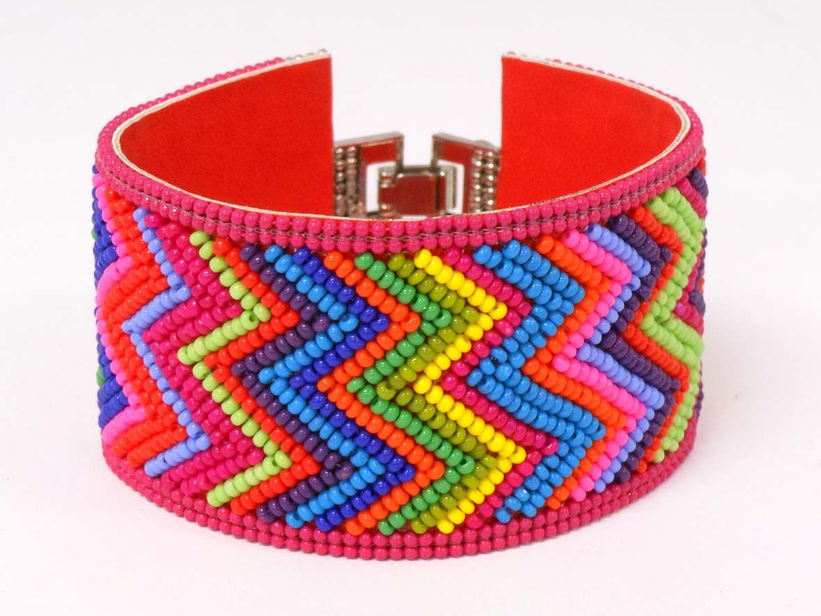 Multi Coloured Hand Beaded Chevron Bracelet