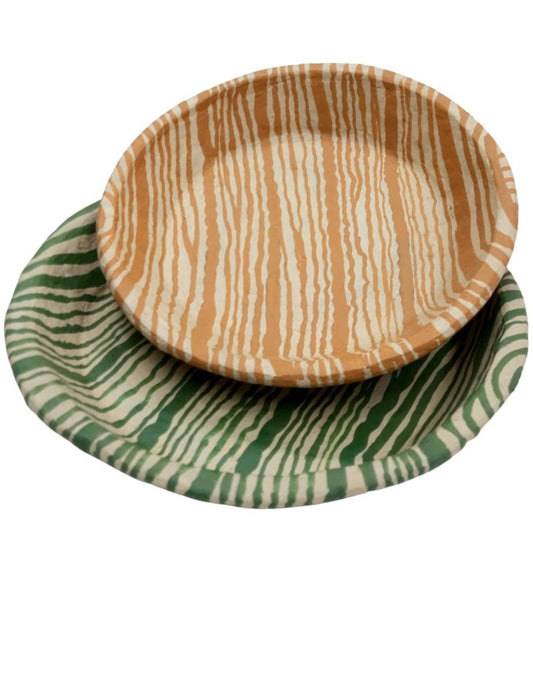 S/2 papier mache striped bowls ochre /green