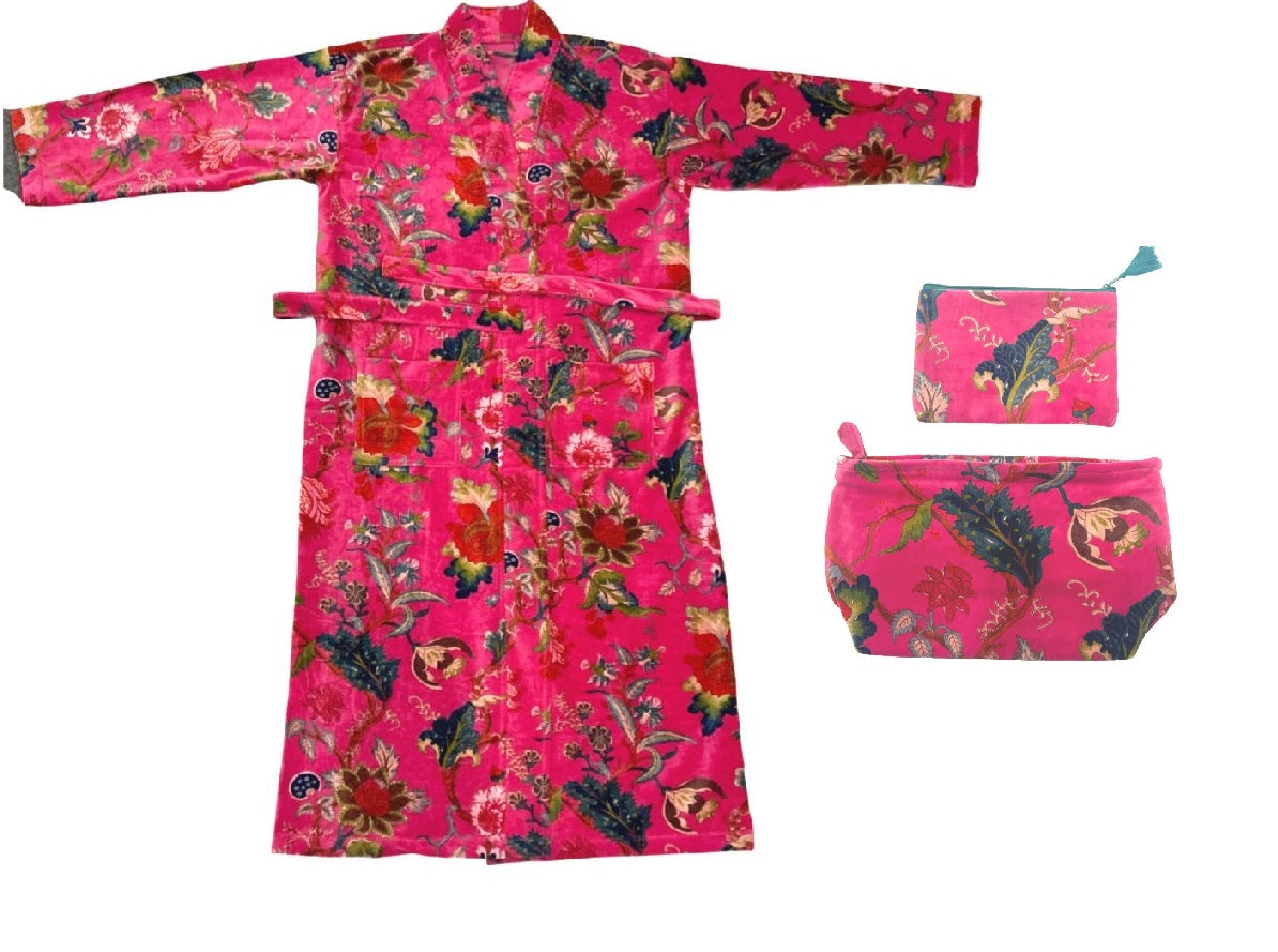Luxe Velvet Kimono & Cosmetic Bag Set in Magenta