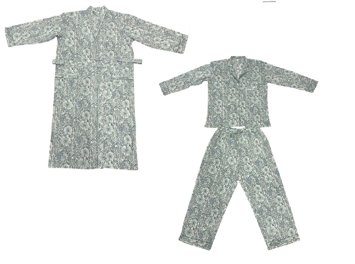 Quality Cotton Kimono & Pyjama Set in Blue & White Printed Pattern
